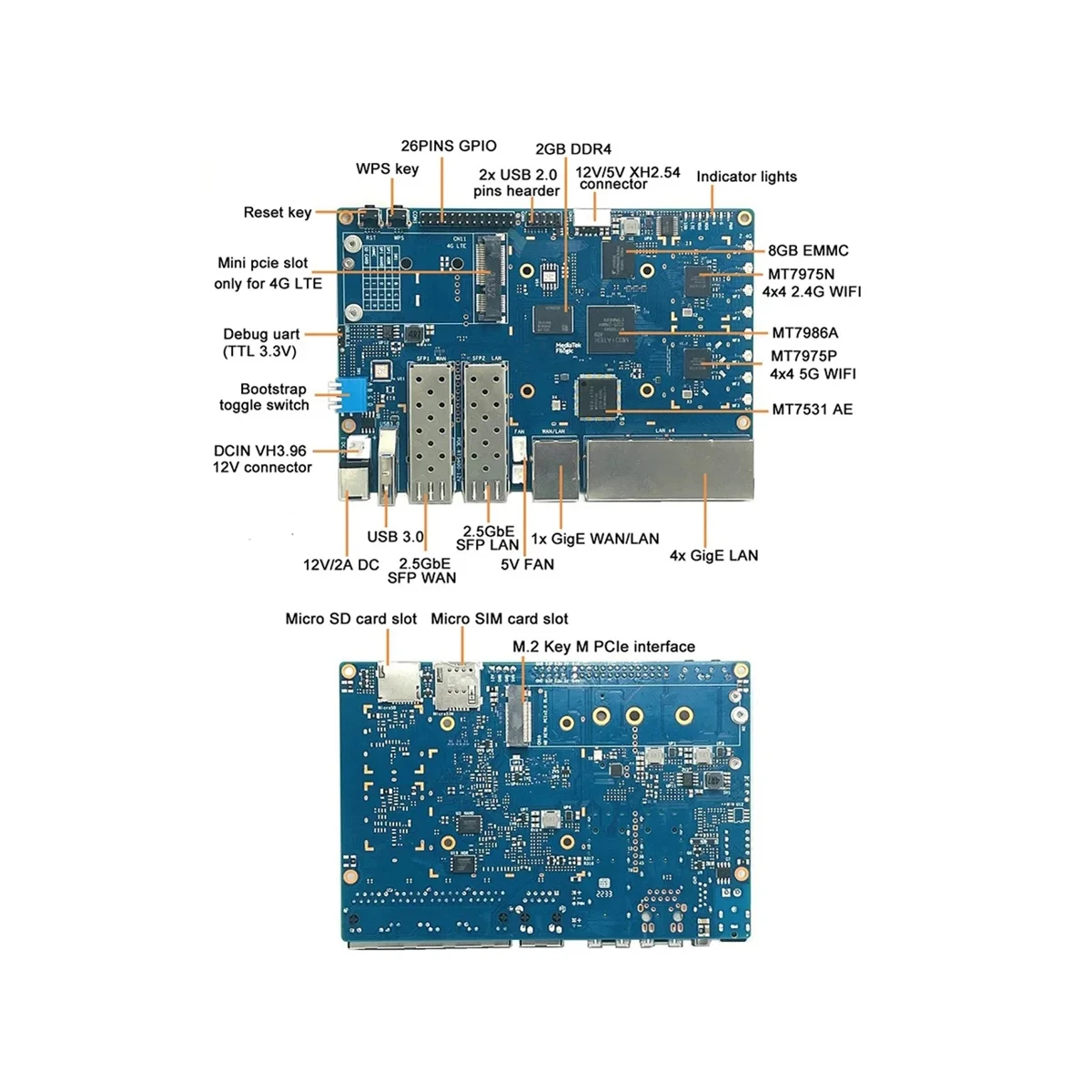 A Banán PI BPI-R3 MT7986 2G+8G EMMC Fejlesztési Tanács a 256G SSD+4G Modul+Ügyet+8XAntennas+hűtőborda+Teljesítmény EU-Csatlakozó0