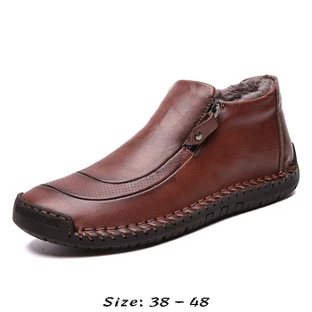 Magas minőségű boka valódi bőr férfi cipők, kézzel készített méret 47 48 új 2023 őszi, téli plüss meleg üzleti cipő, fekete, barna